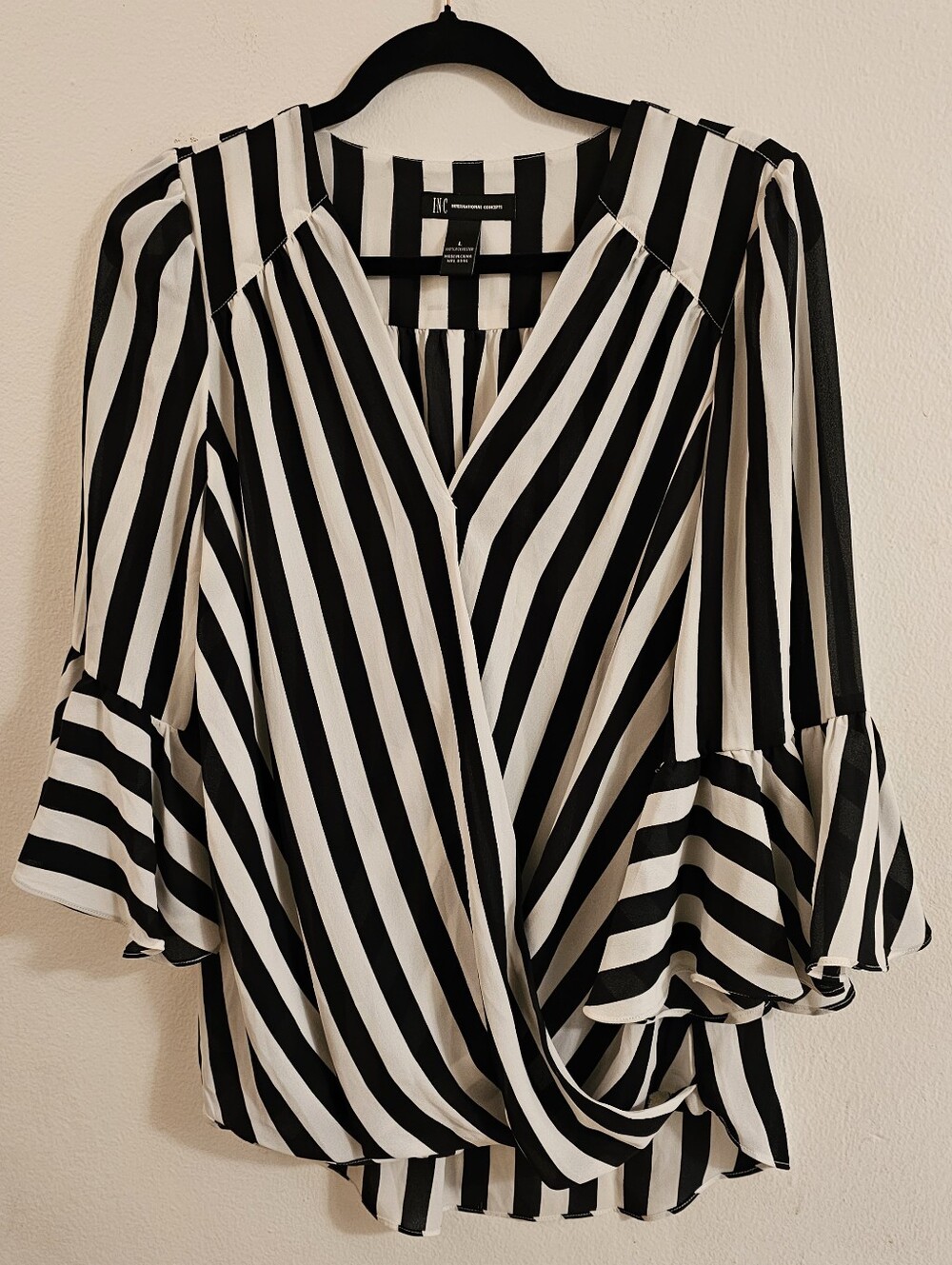 INC International Concepts Black and White Striped Wrap-Front Blouse